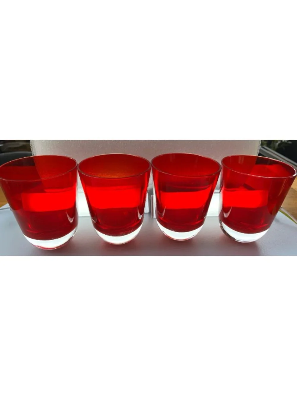 Set Of 4 Vintage Hand-Blown Red Glass Tumblers With Clear Bases - 4 Inches Tall